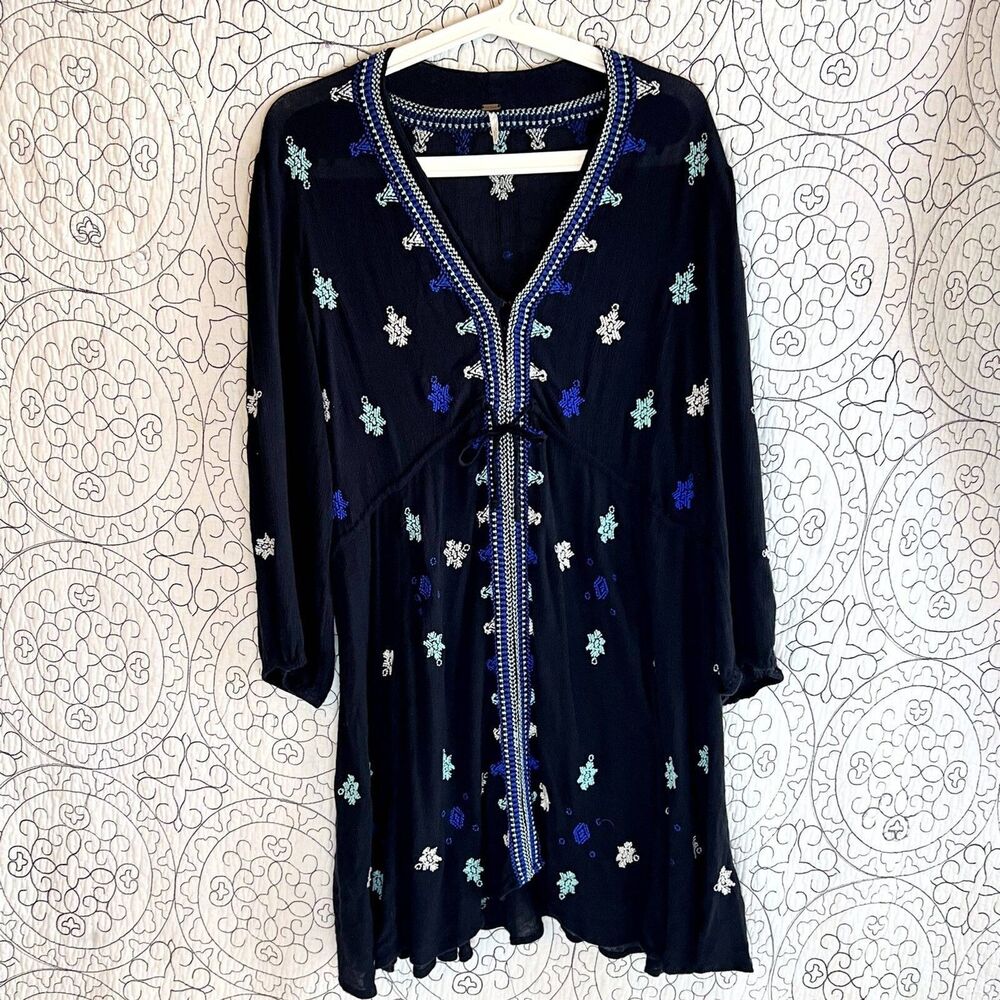 Free People Black Tunic with Blue and White Embroidery